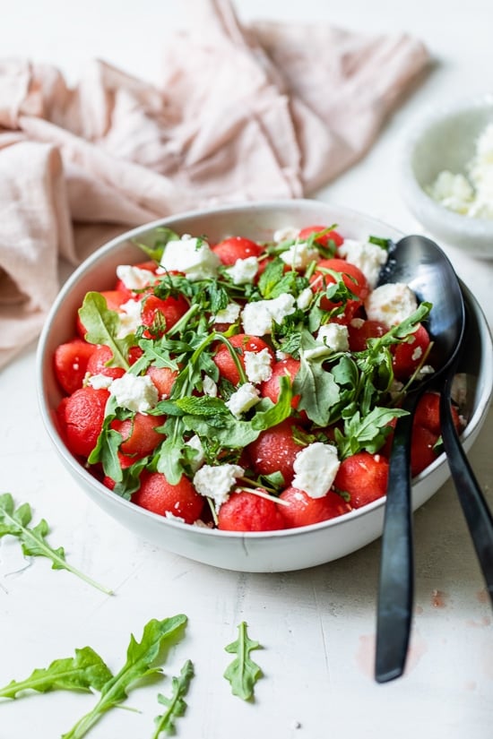 bowl with watermelon, feta and arugula