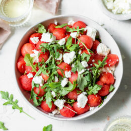 bowl with watermelon, feta and arugula