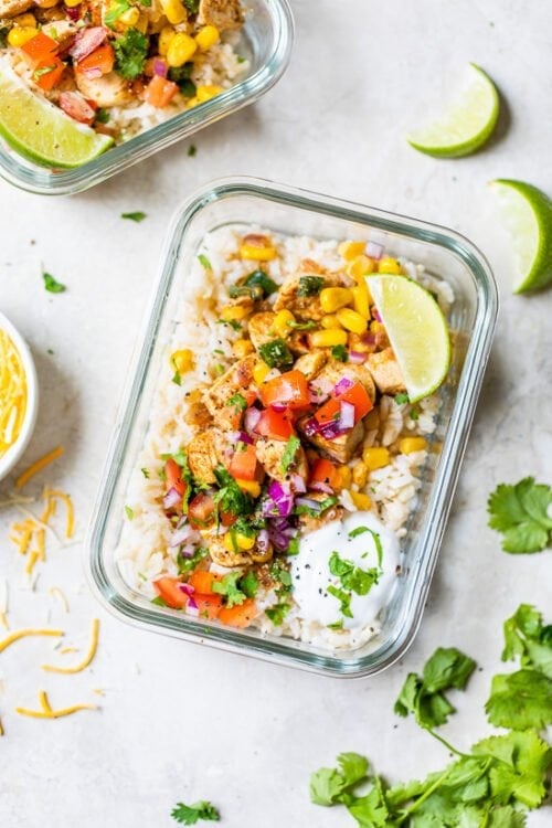 Chicken Taco Poblano Rice Bowls in a glass meal prep container.