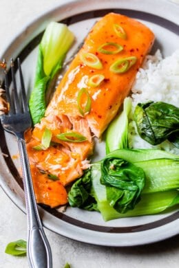 Sweet and Spicy Baked Salmon with rice and bok choy.