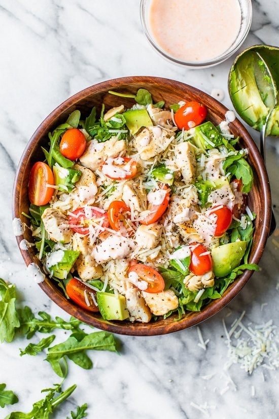 Chicken Brown Rice Bowl with sriracha yogurt sauce