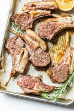Frenched Rack of Lamb on a sheet pan