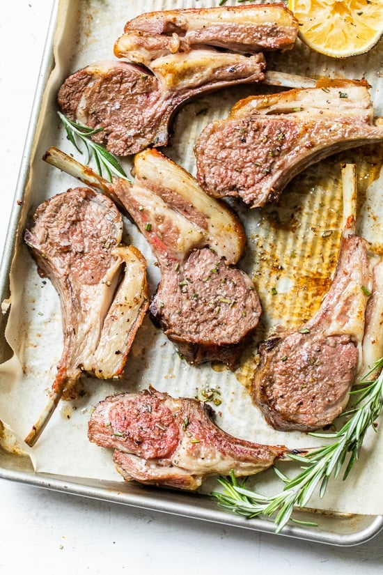 Frenched Rack of Lamb on a sheet pan