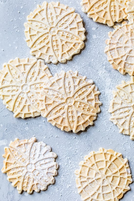 Pizzelle Cookies with powdered sugar