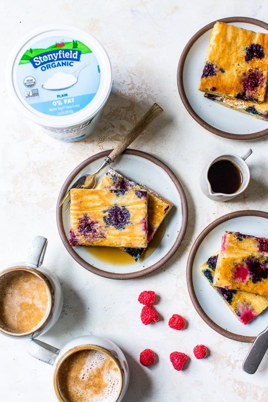 Yogurt Sheet Pan Pancakes with Mixed Berries on a plate