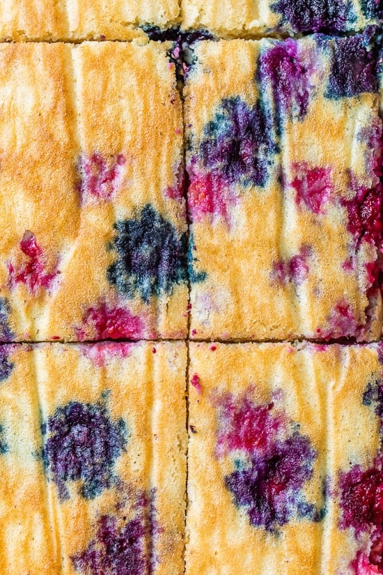 close up of sheet pan berry pancakes