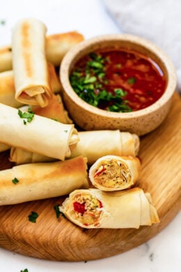 These Breakfast Egg Rolls, loaded with eggs, sausage, and veggies cooked in the oven or air fryer, are a fun twist on an egg sandwich. Perfect for making ahead and reheating as needed.