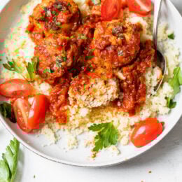 Harissa Chicken Meatballs with couscous.