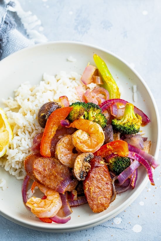 Shrimp and Andouille with veggies.