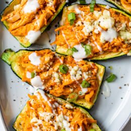 You won’t miss the carbs in these low-carb zucchini skins loaded with buffalo chicken and cheese made in the air fryer!