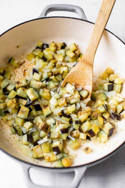 diced eggplant in skillet
