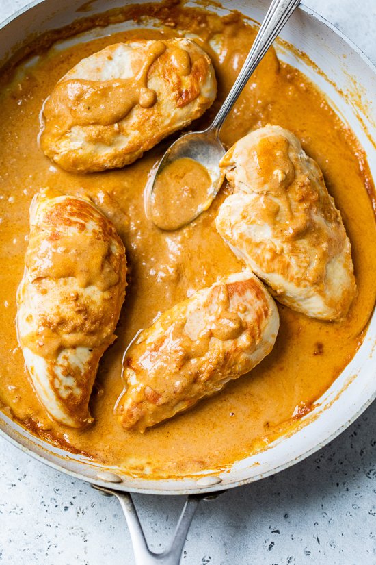 Chicken Breasts braised in penut sauce.