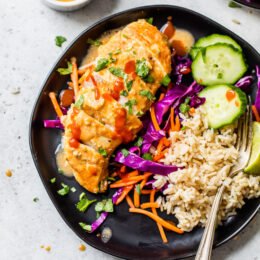 Chicken Breasts braised in peanut sauce.