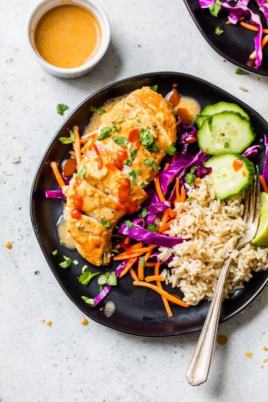 Chicken Breasts braised in peanut sauce.