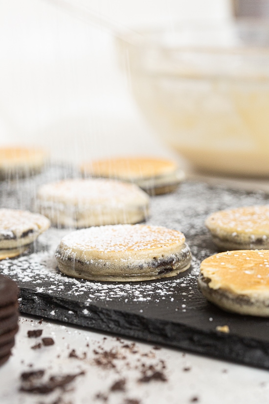 Fried Oreo Thins with powdered sugar.