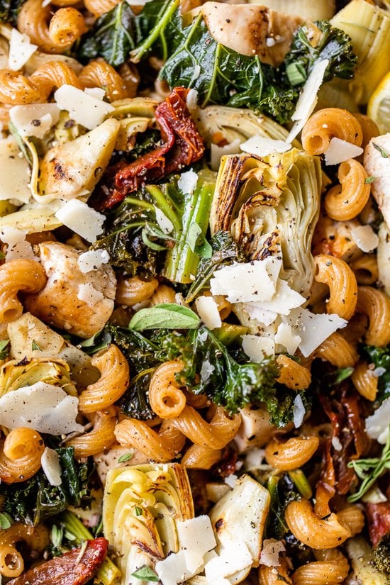 close up of One Pot Chicken and Artichoke pasta