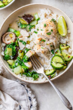 Coconut-Poached Chicken with Bok Choy, cucumbers and rice.