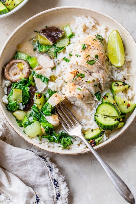 Coconut-Poached Chicken with Bok Choy, cucumbers and rice.