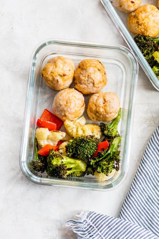 meal prep meatballs and veggies