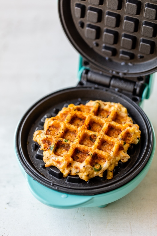 waffle iron with salmon cakes