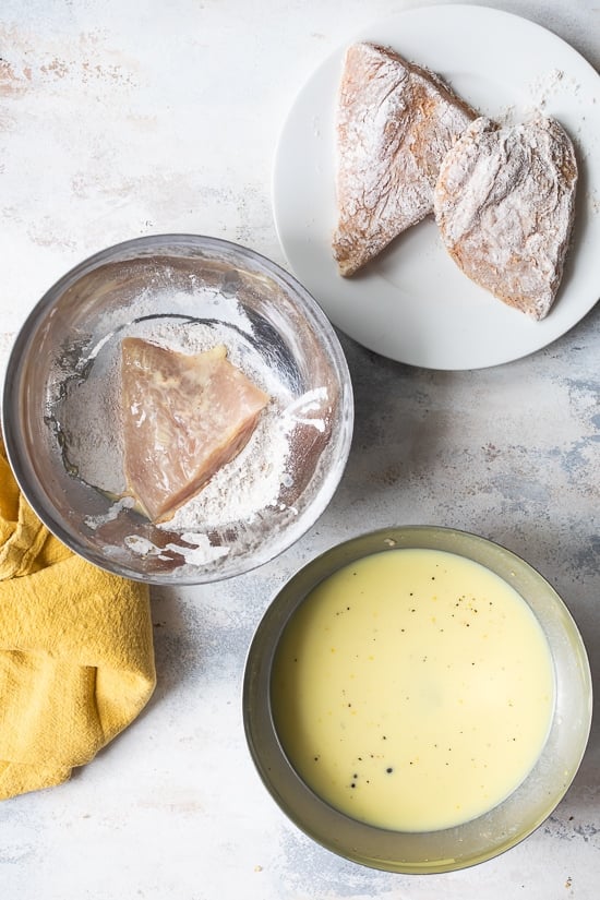 chicken brined in pickle juice and buttermilk dredged in flour