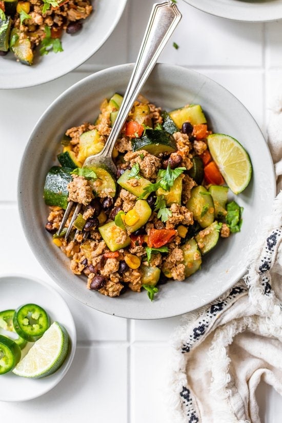 Ground Turkey Skillet with Zucchini, Corn, Black Beans and Tomato