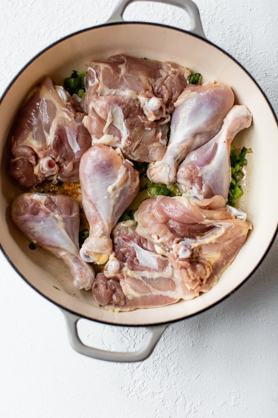 chicken drumsticks and thighs in a pot