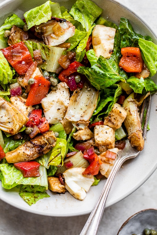 Warm Salad with Artichoke Hearts, Roasted Peppers and Mozzarella