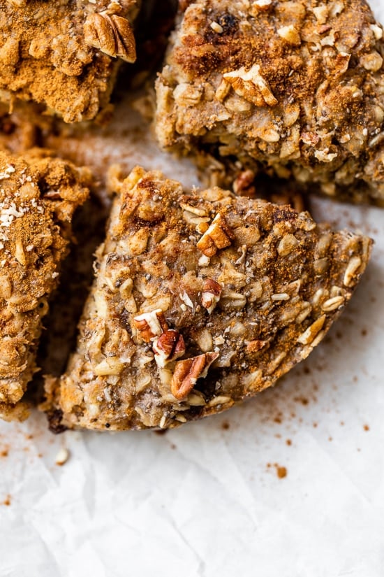 Banana Bread Baked Oatmeal in the Instant Pot? Yes! This oatmeal bars recipe makes an easy breakfast, brunch, or snack. Overhead view of slices of Instant Pot baked oatmeal bars