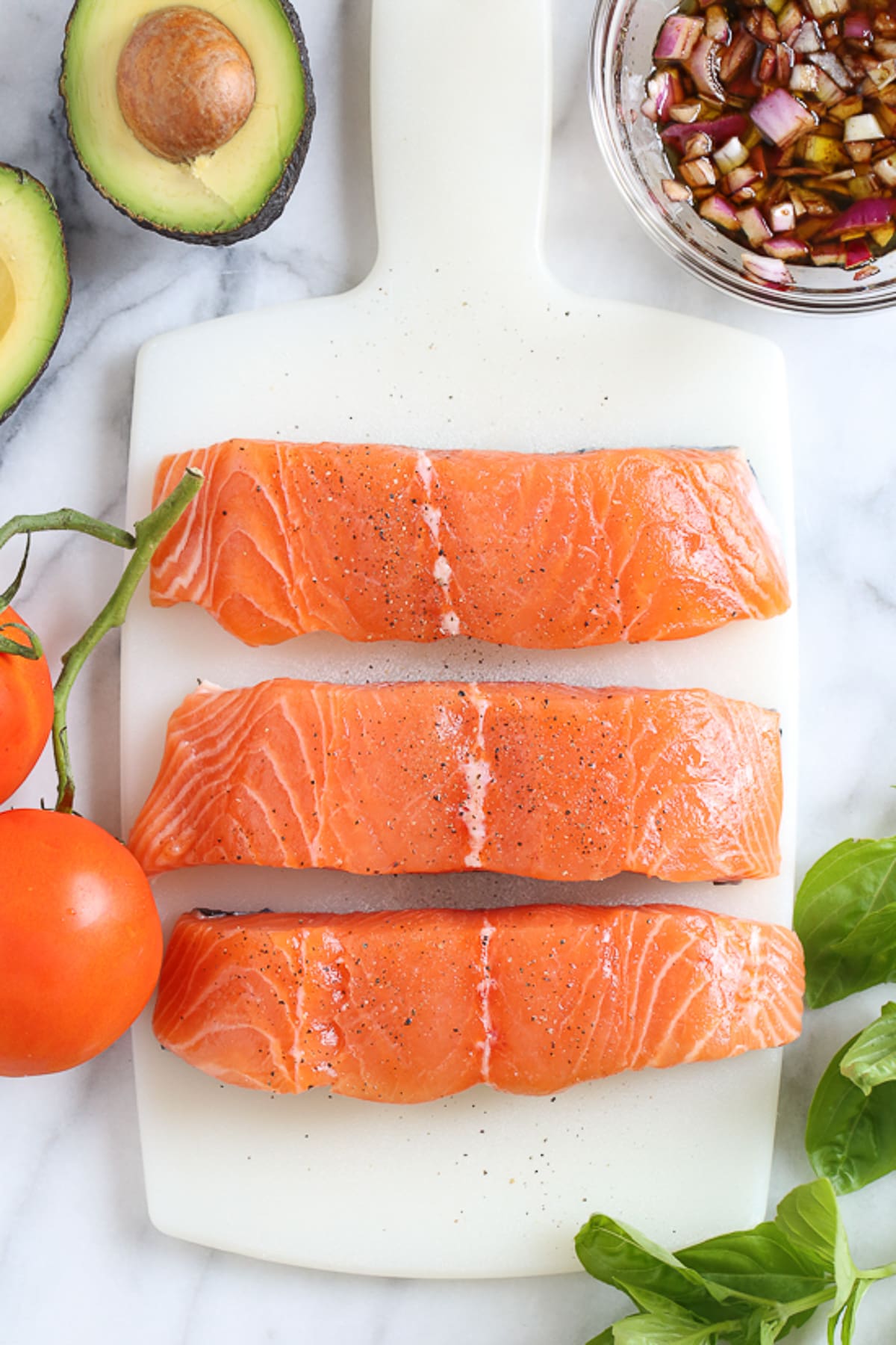 salmon, tomatoes, avocado