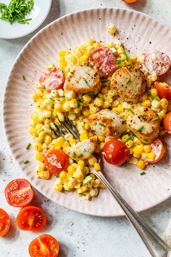 Seared Scallops with Creamy Corn, Tomatoes and Chives