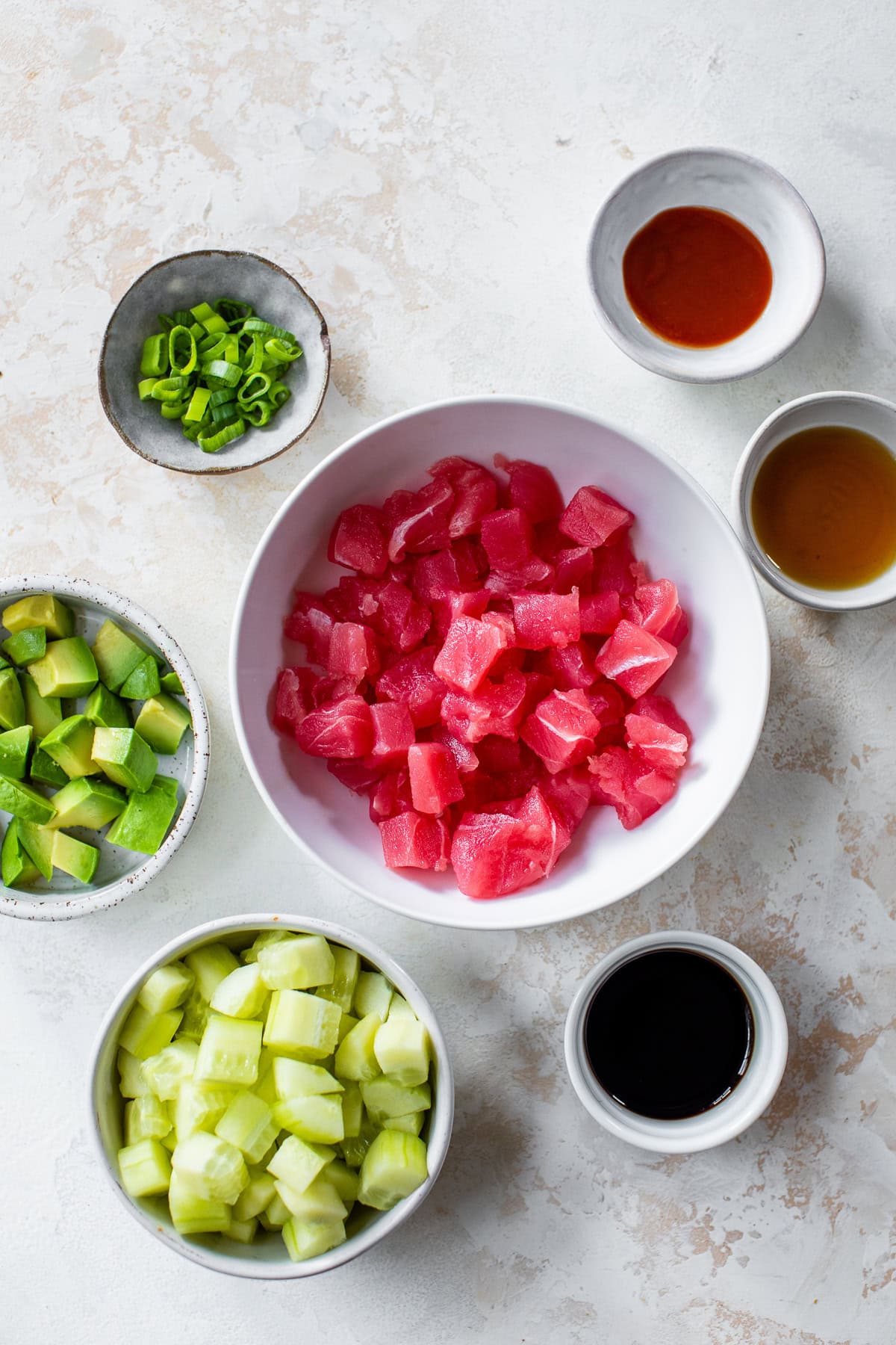 Tuna with Cucumber, avocado and sauces