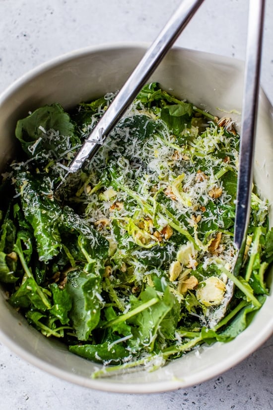 Kale and Brussels Sprout Salad with Parmesan and Pecans