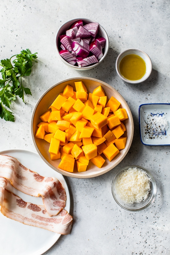 Roasted Butternut Squash with Onions, Bacon and Parmesan