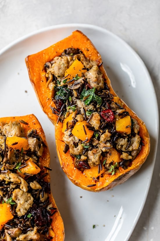 Stuffed Butternut Squash with Wild Rice and Sausage