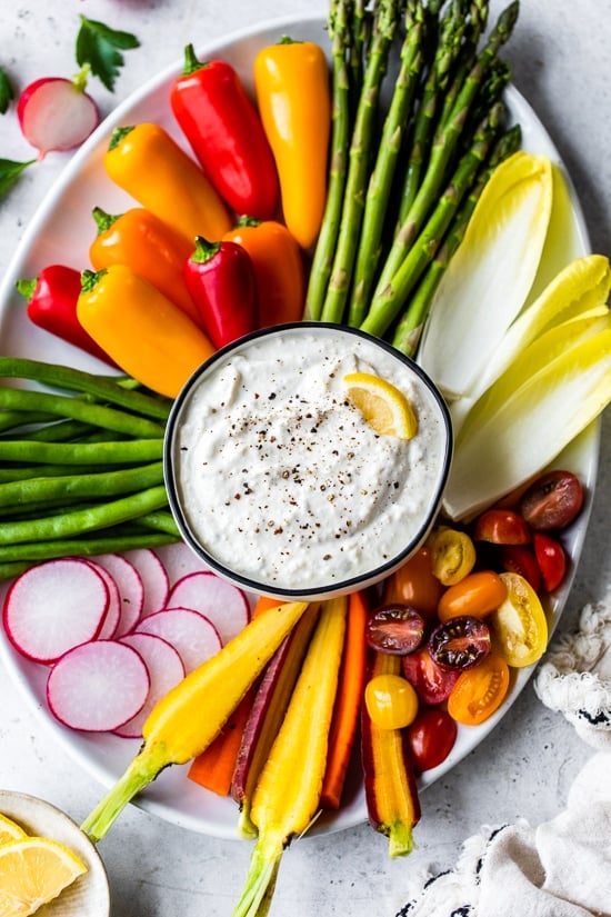 colorful crudite platter and dip