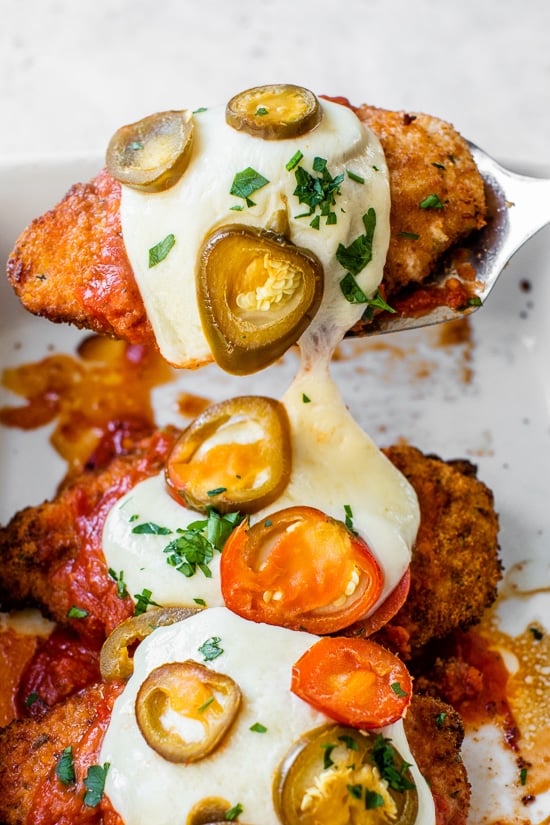 chicken parm with fresh mozzarella and hot cherry peppers