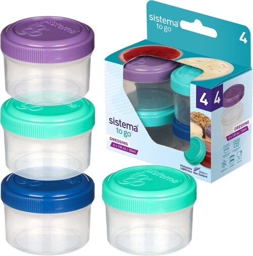 Sistema 4-Piece Salad Dressing and Condiment Containers with Lids for Lunch, Dishwasher Safe, 1.18-Ounce, Multicolor