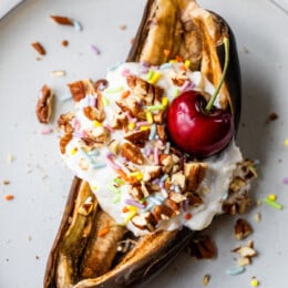 Air Fryer Banana with yogurt, cherry and sprinkles