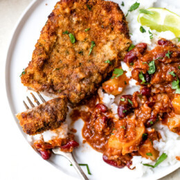 Air Fryer Breaded Cubed Steak with rice and beans