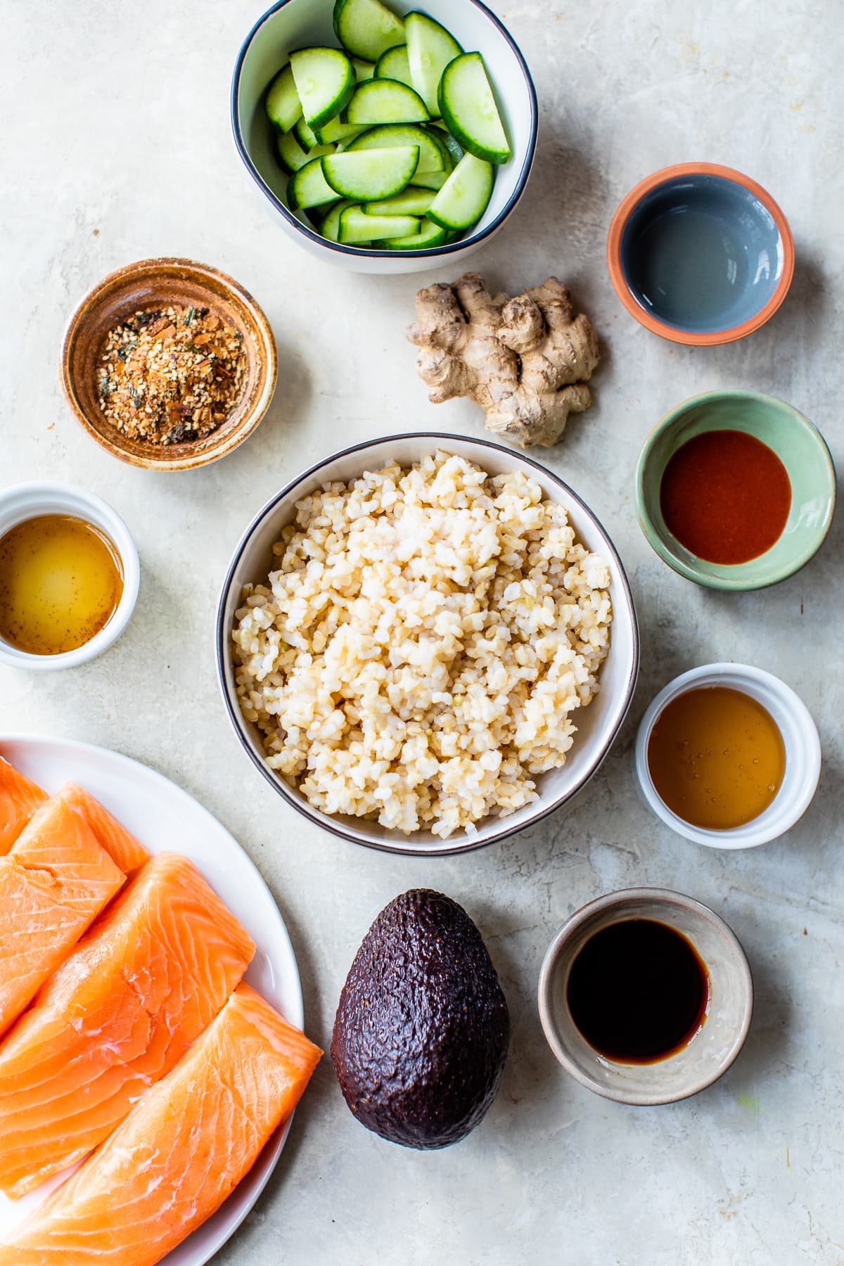 ingredients for Honey Sriracha Roasted Salmon Bowls