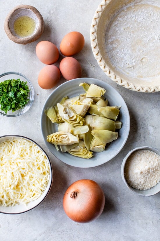 Artichokes, pie crust, eggs, cheese