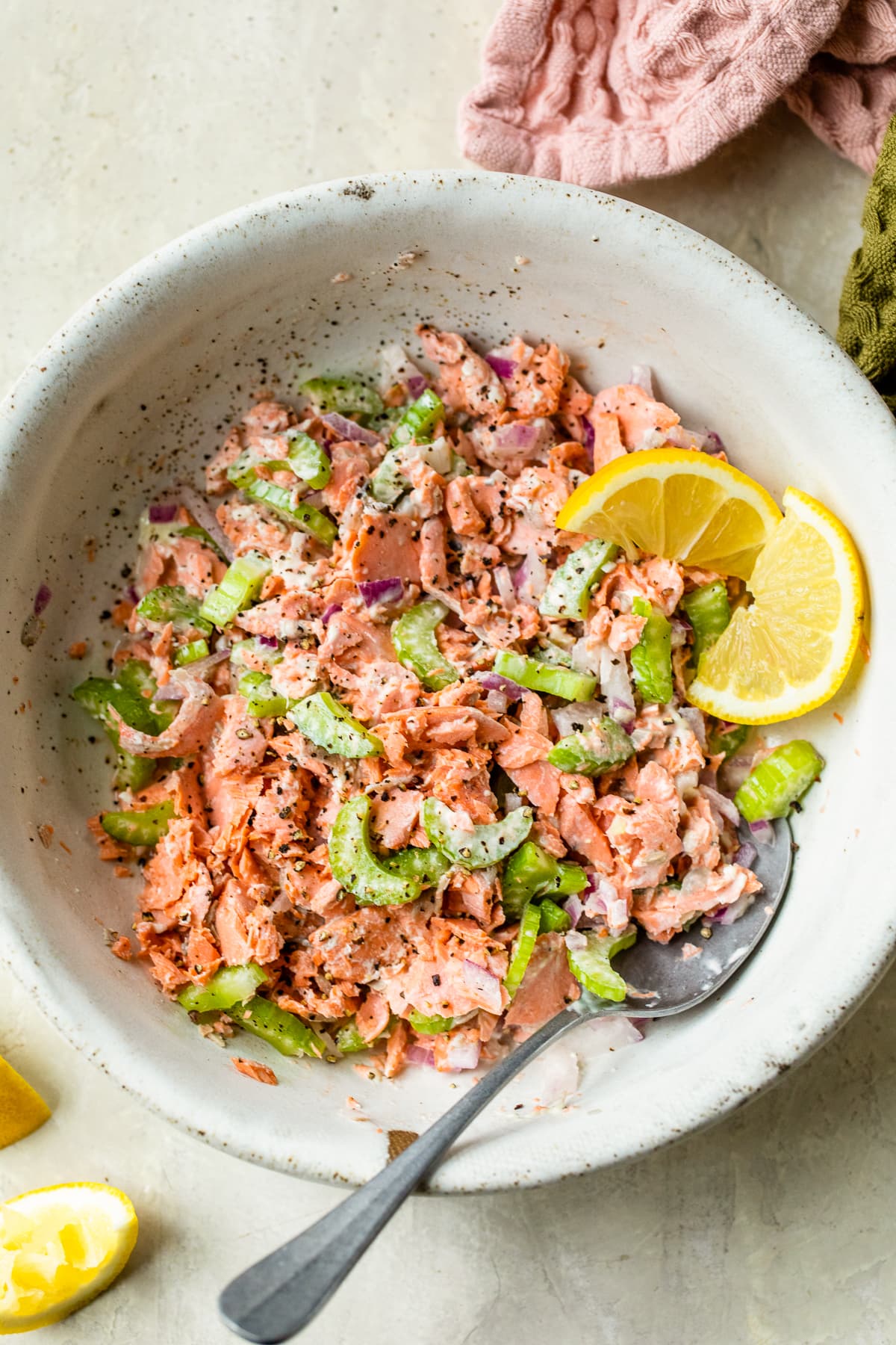 salmon salad with celery and lemon