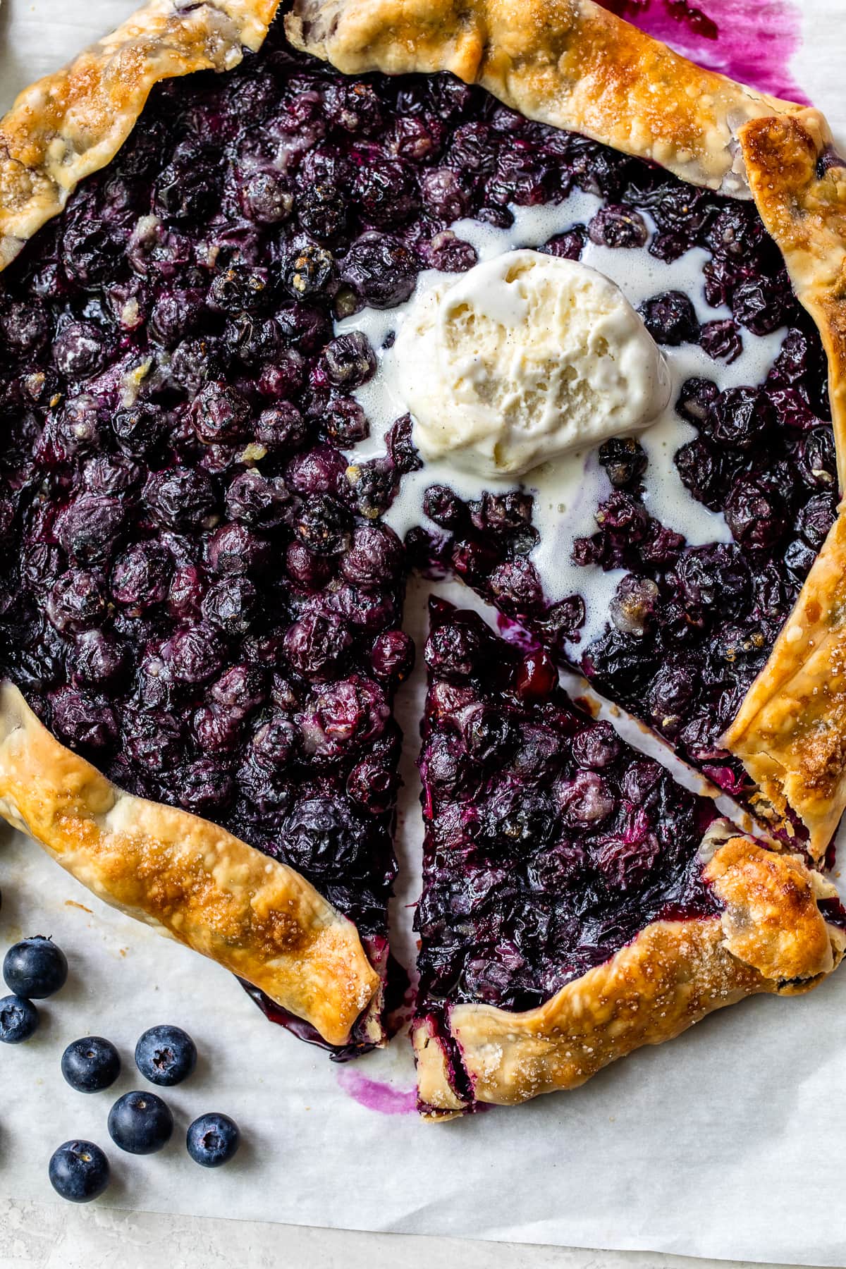 This easy blueberry galette is the perfect dessert to bake when blueberries are in season. Using refrigerated pie dough makes it even faster! Blueberry Galette ala mode