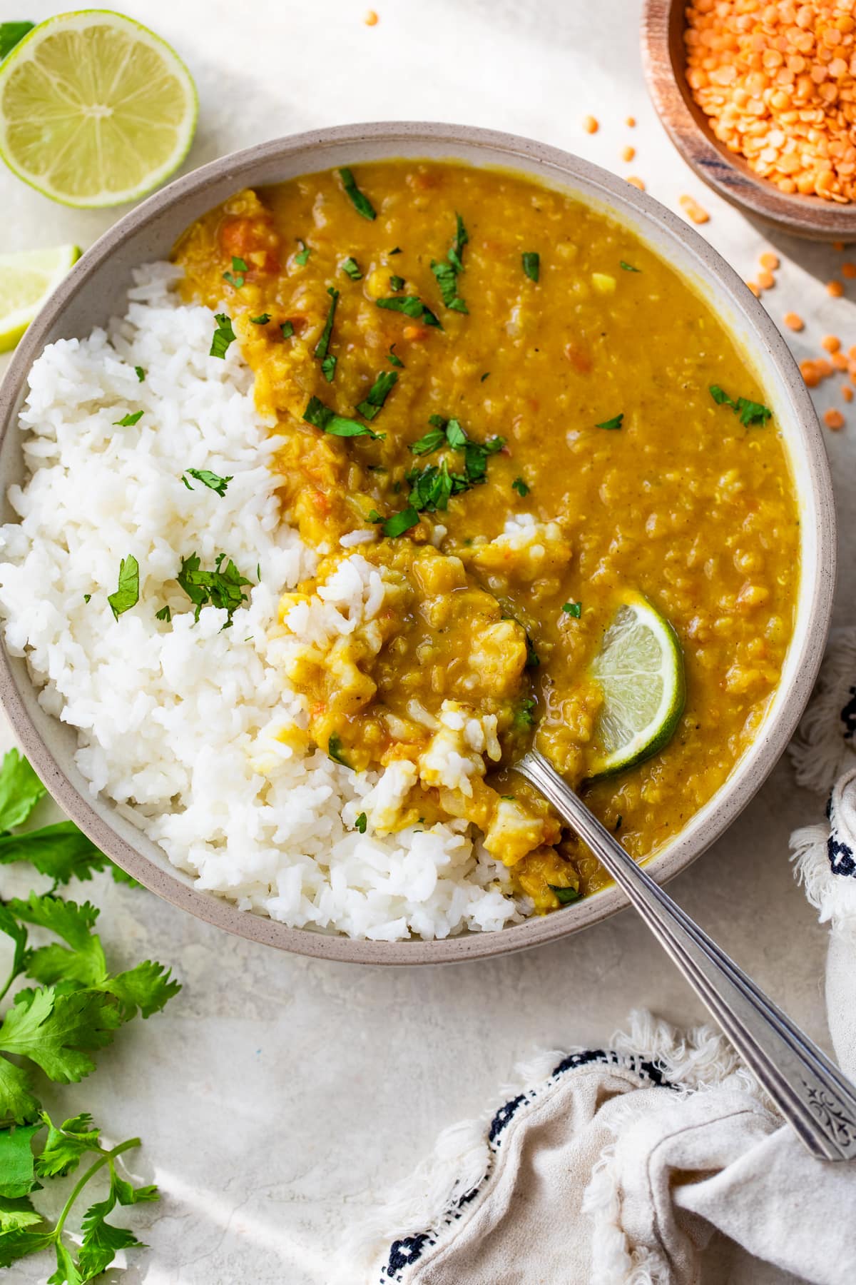 Lentil curry served with white rice. Lentil Curry