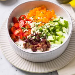 Cottage Cheese with cucumbers, tomatoes, bell peppers and olives