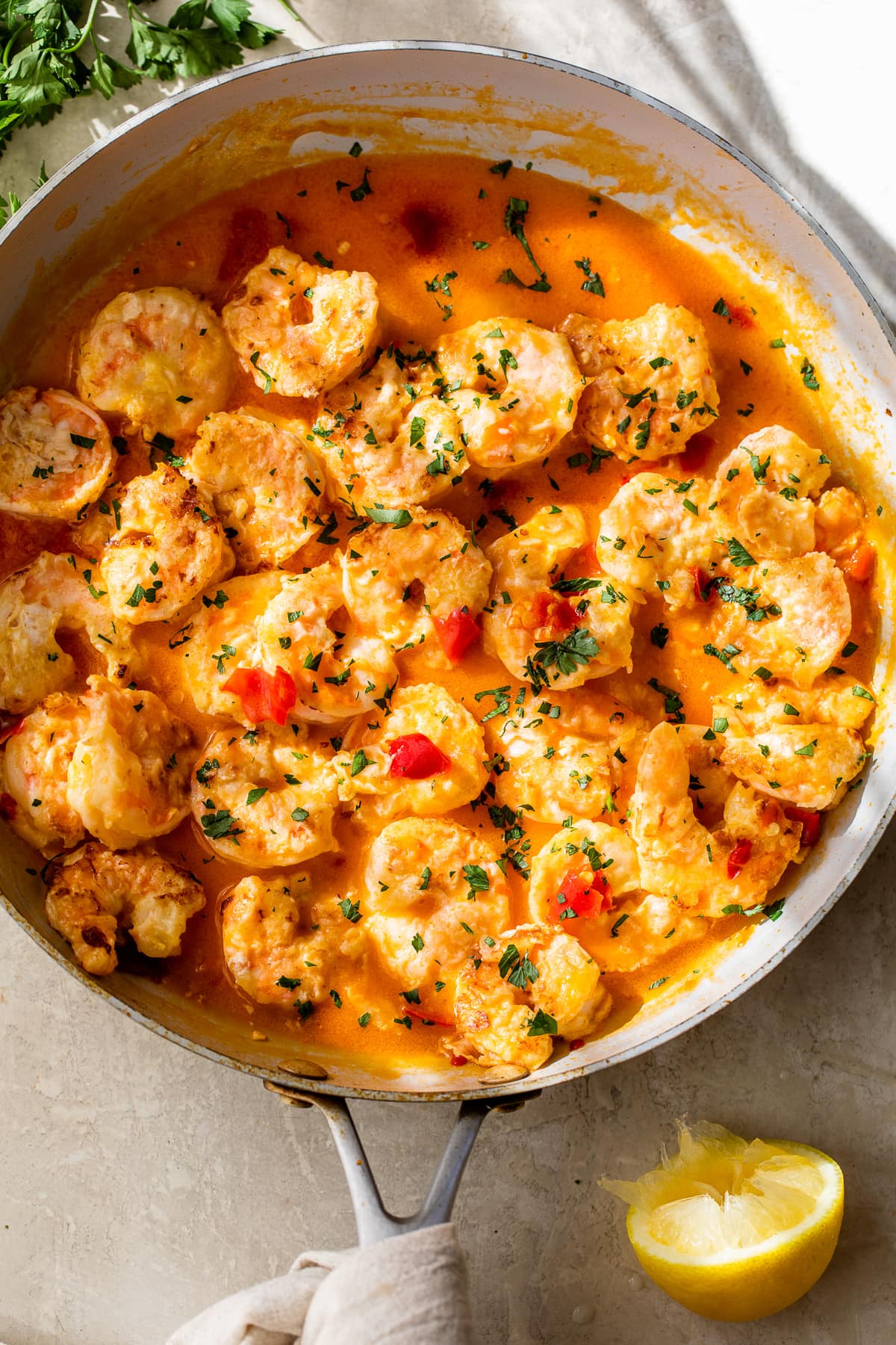 Spicy Shrimp Francese in a skillet