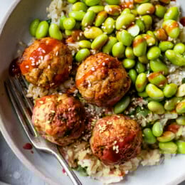 Air Fryer Asian Turkey Meatballs with rice and edamame.