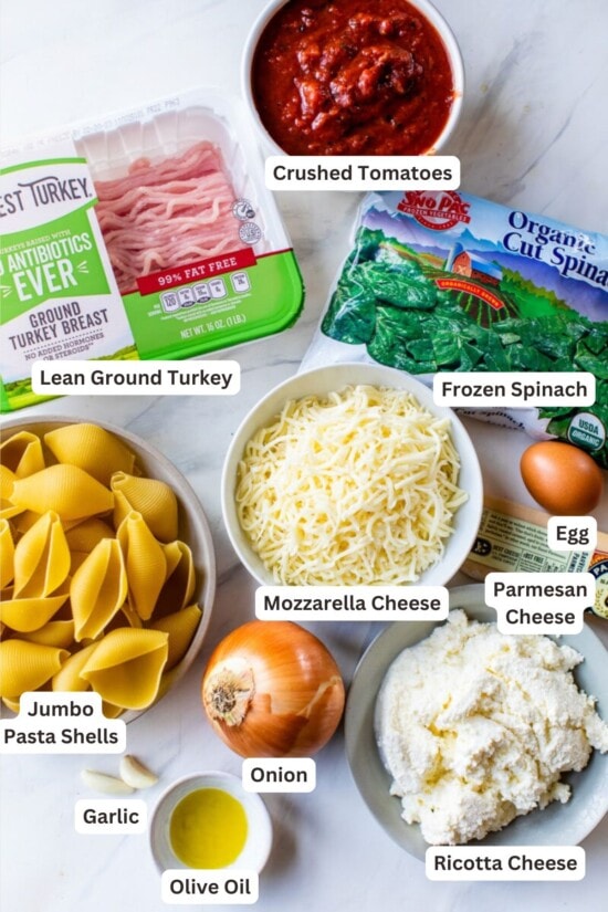 Ingredients for Stuffed Shells with Meat Sauce.