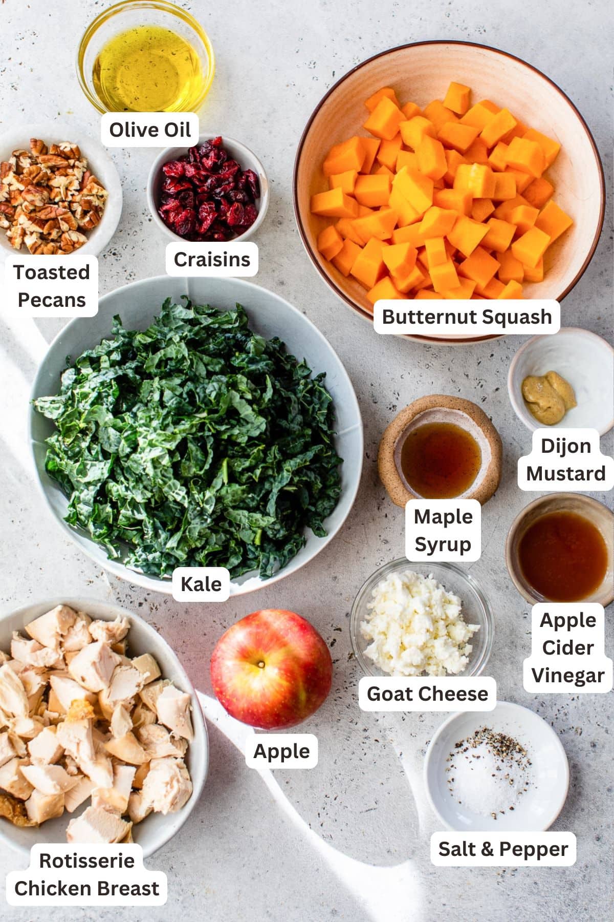 Ingredients for Autumn Kale Salad with Chicken.